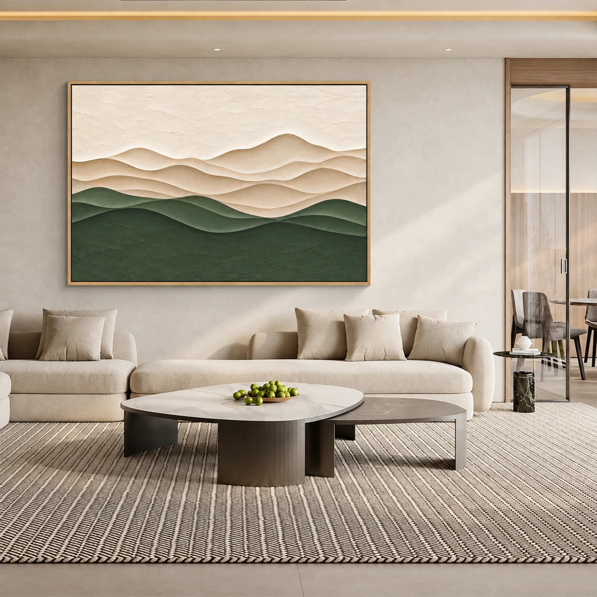 Quiet Contours artwork displayed above a cream sofa and round coffee tables.