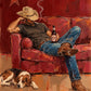 Cowboy Repose full artwork. A cowboy rests in a worn red armchair, his hat tipped low and boots stretched forward, while a dog sleeps beside him.
