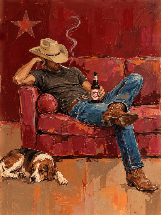Cowboy Repose full artwork. A cowboy rests in a worn red armchair, his hat tipped low and boots stretched forward, while a dog sleeps beside him.