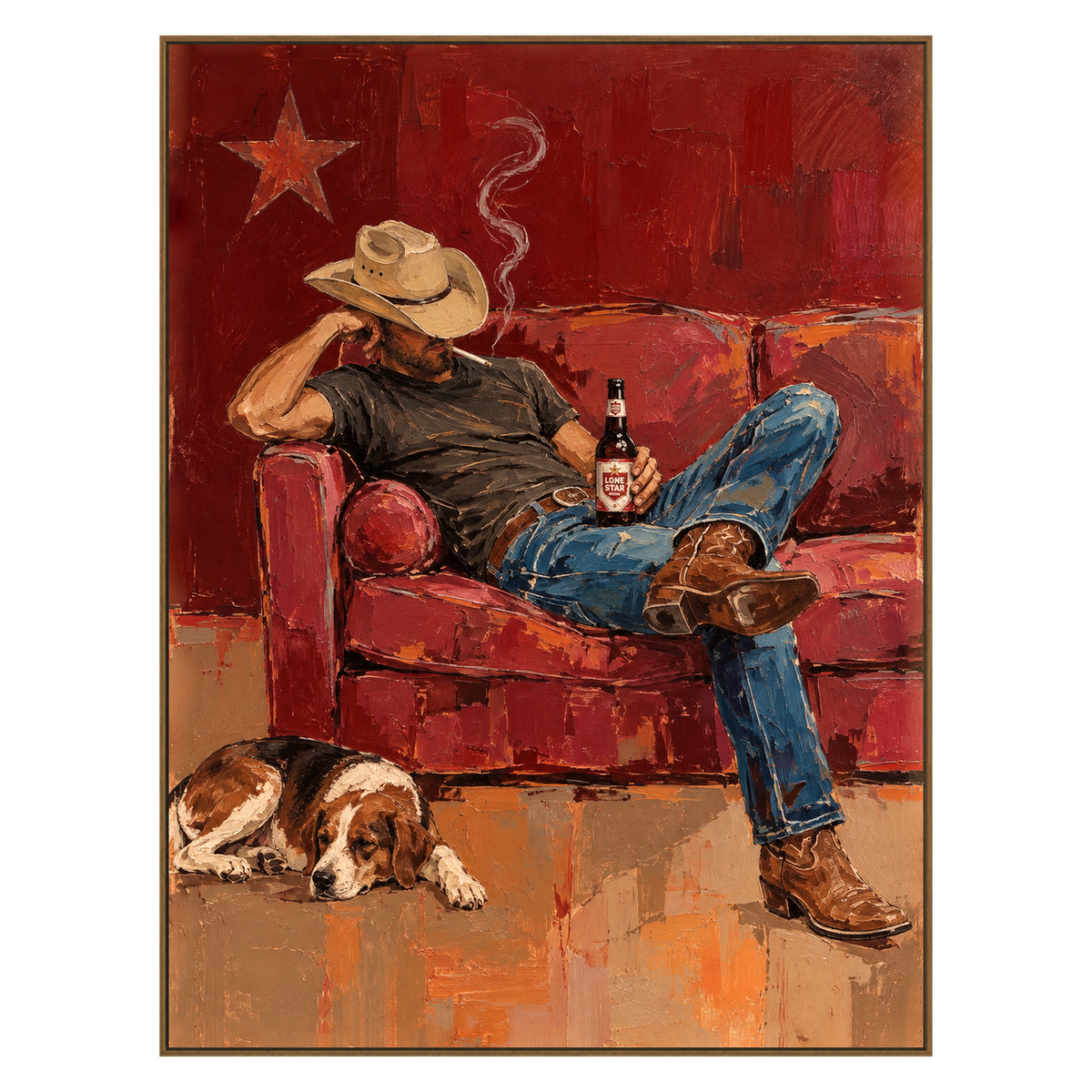 Cowboy Repose vertical artwork in a natural wood frame on a transparent background.