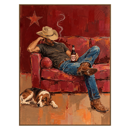 Cowboy Repose vertical artwork in a natural wood frame on a transparent background.