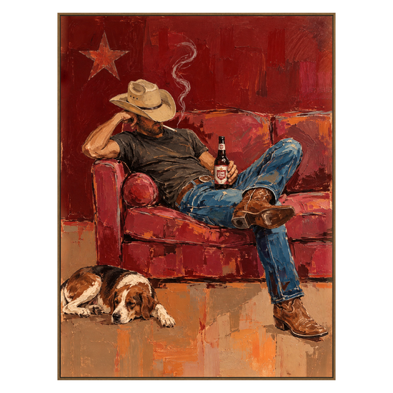 Cowboy Repose vertical artwork in a natural wood frame on a transparent background.