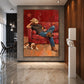 Cowboy Repose artwork displayed in a tall marble-lined lobby.