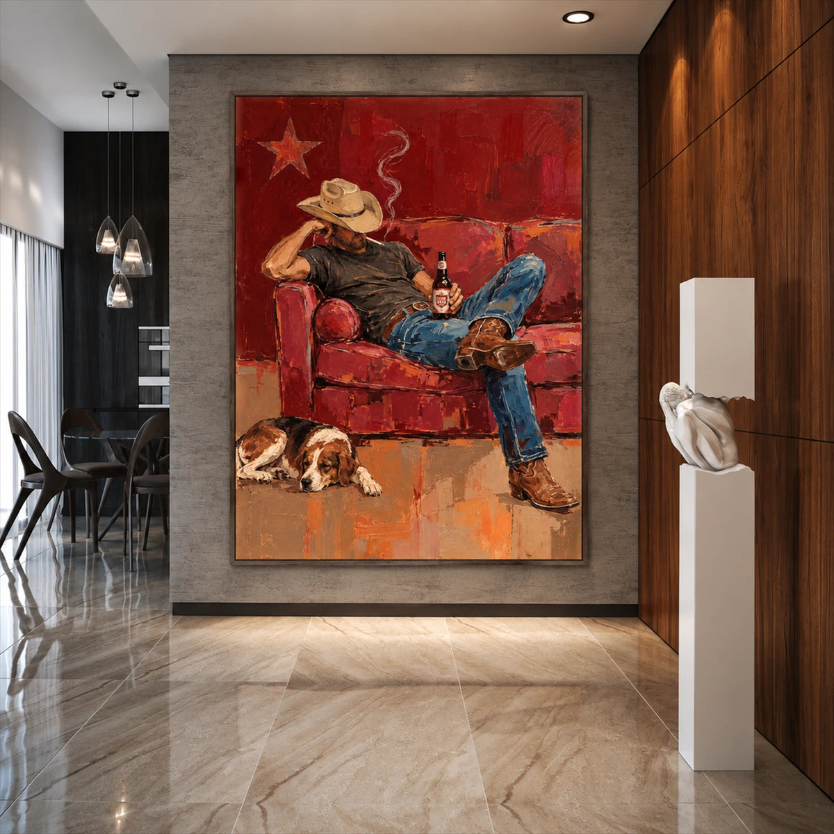 Cowboy Repose artwork displayed in a tall marble-lined lobby.