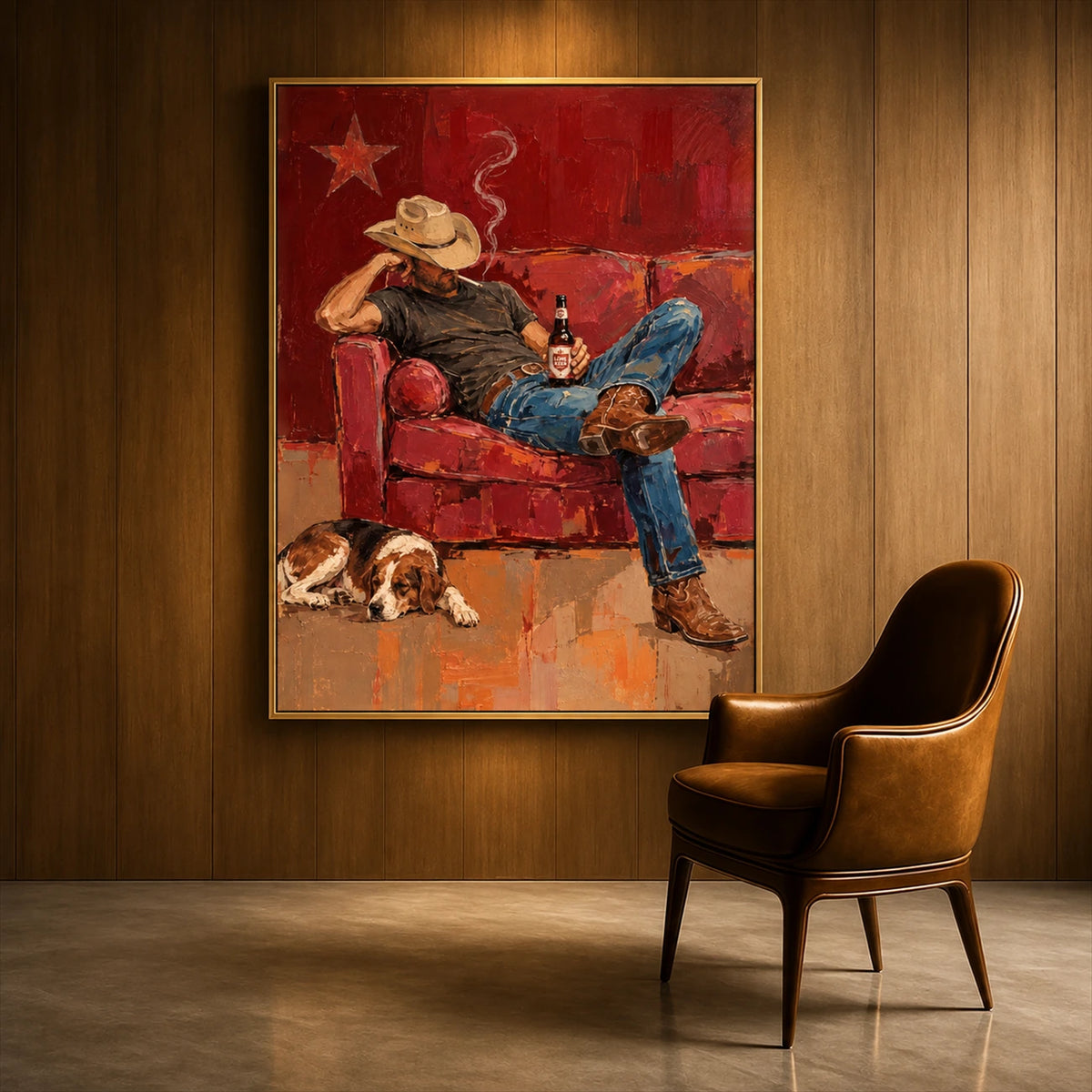 Cowboy Repose artwork displayed on a warm wood-paneled wall.