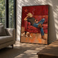 Cowboy Repose artwork displayed resting beside a sofa in angled sunlight.