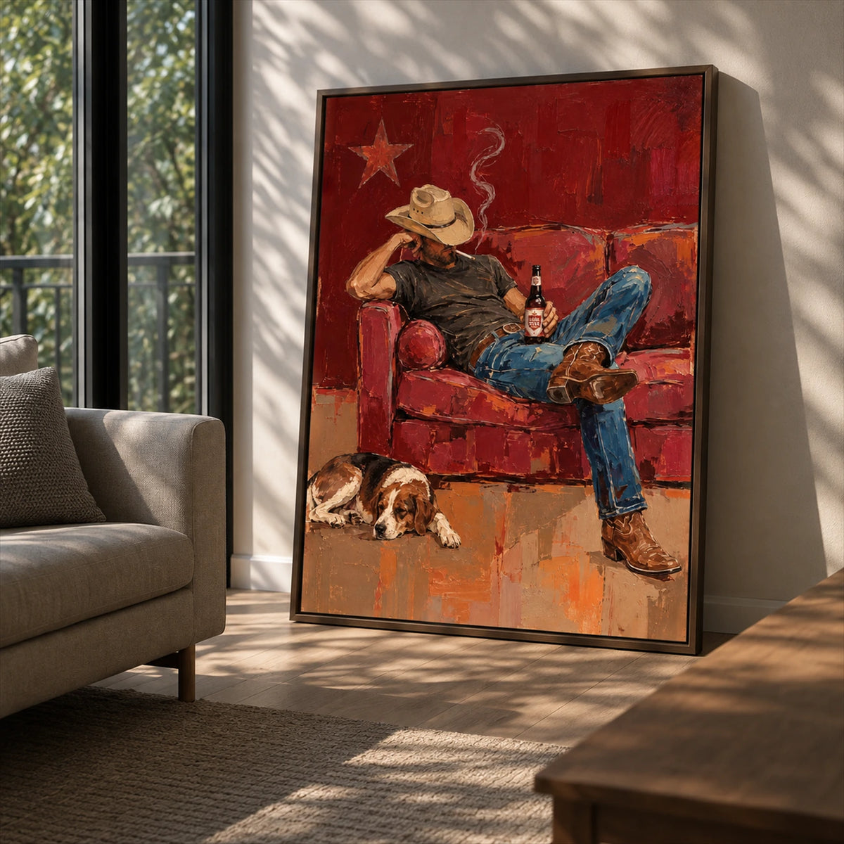 Cowboy Repose artwork displayed resting beside a sofa in angled sunlight.