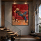 Cowboy Repose artwork displayed beside a staircase with illuminated steps.