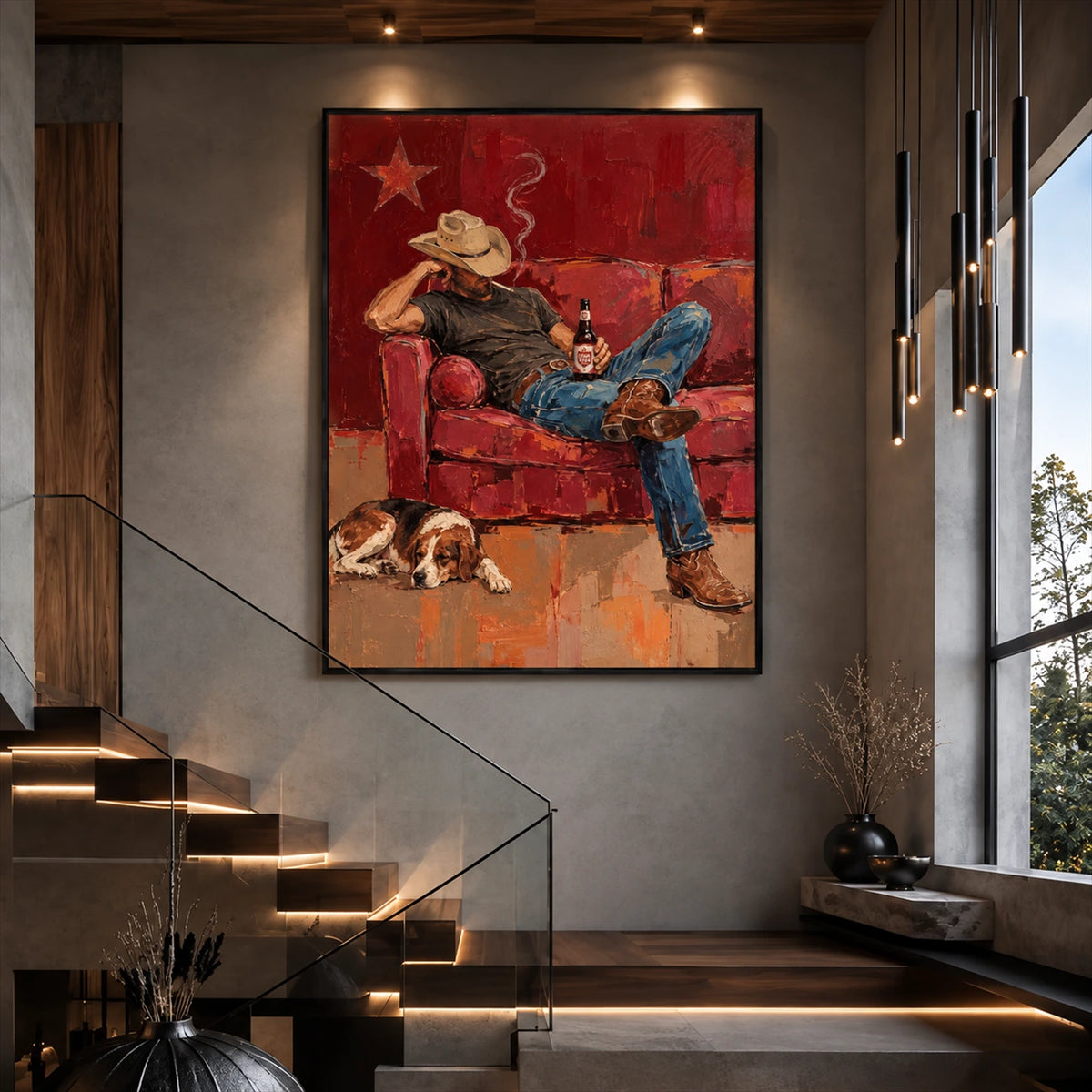 Cowboy Repose artwork displayed beside a staircase with illuminated steps.