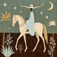 Lunar Passage full artwork. A pale horse carries a rider in a flowing blue dress beneath a crescent moon and scattered stars.