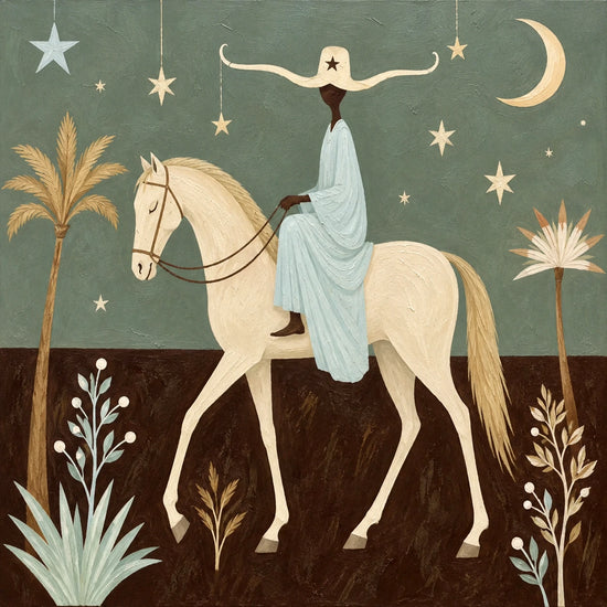 Lunar Passage full artwork. A pale horse carries a rider in a flowing blue dress beneath a crescent moon and scattered stars.