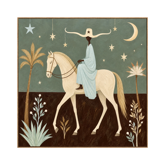 Lunar Passage square artwork in a natural wood frame on a transparent background.