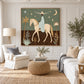 Lunar Passage artwork displayed above a pale sofa and woven ottoman.