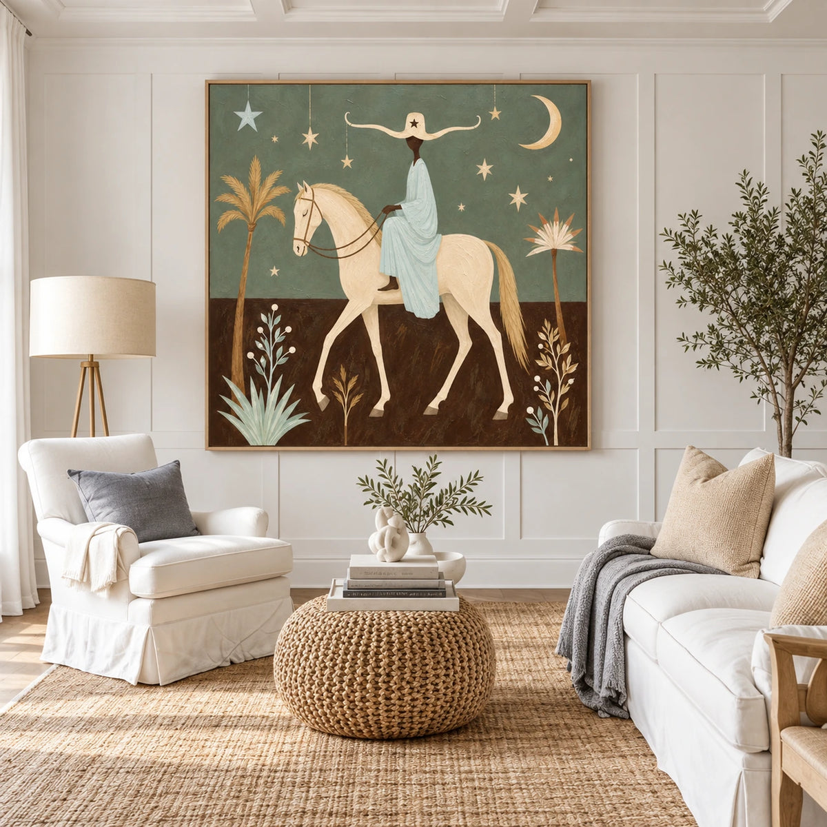 Lunar Passage artwork displayed above a pale sofa and woven ottoman.