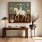 Lunar Passage artwork displayed above a wooden console beside a tall vase.