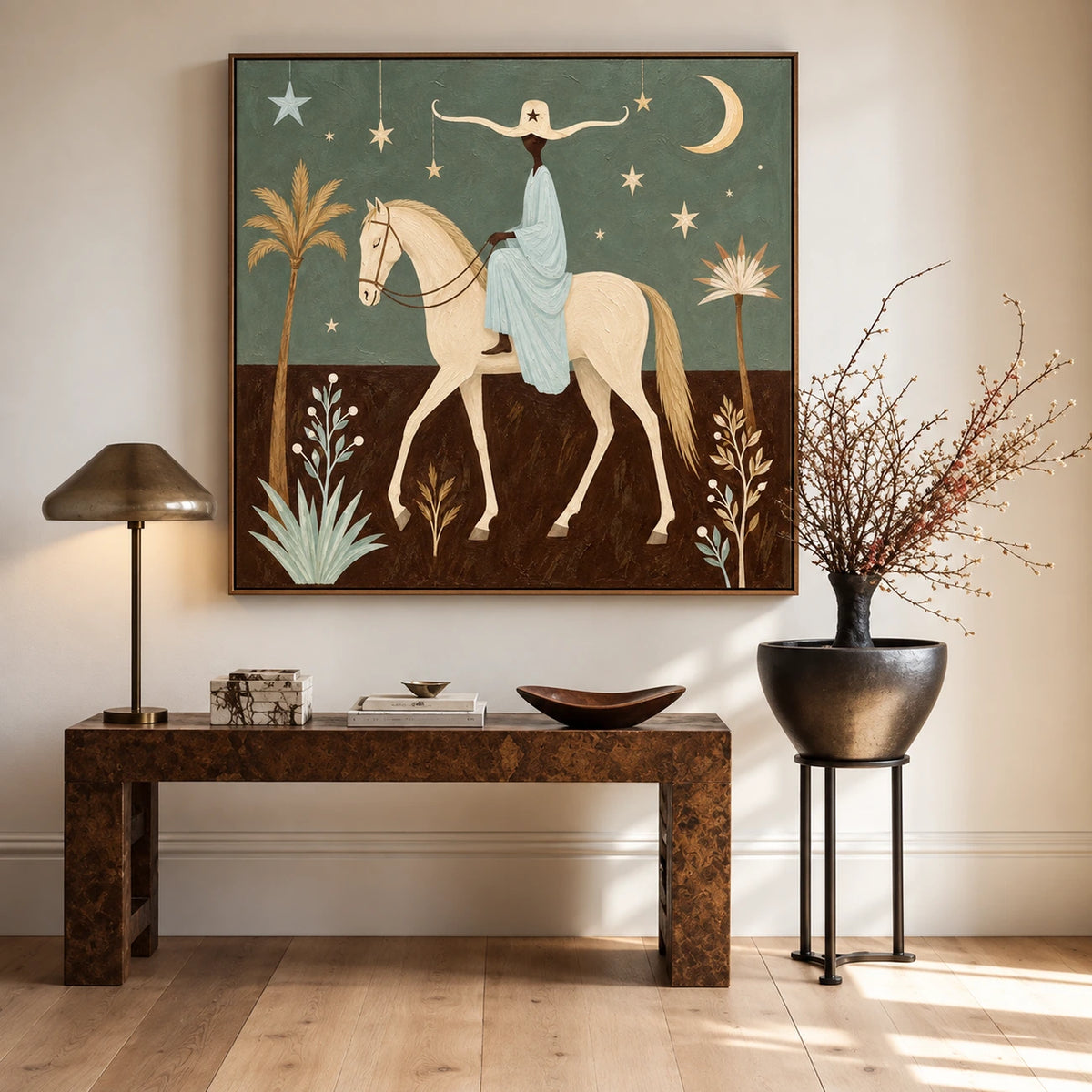 Lunar Passage artwork displayed above a wooden console beside a tall vase.