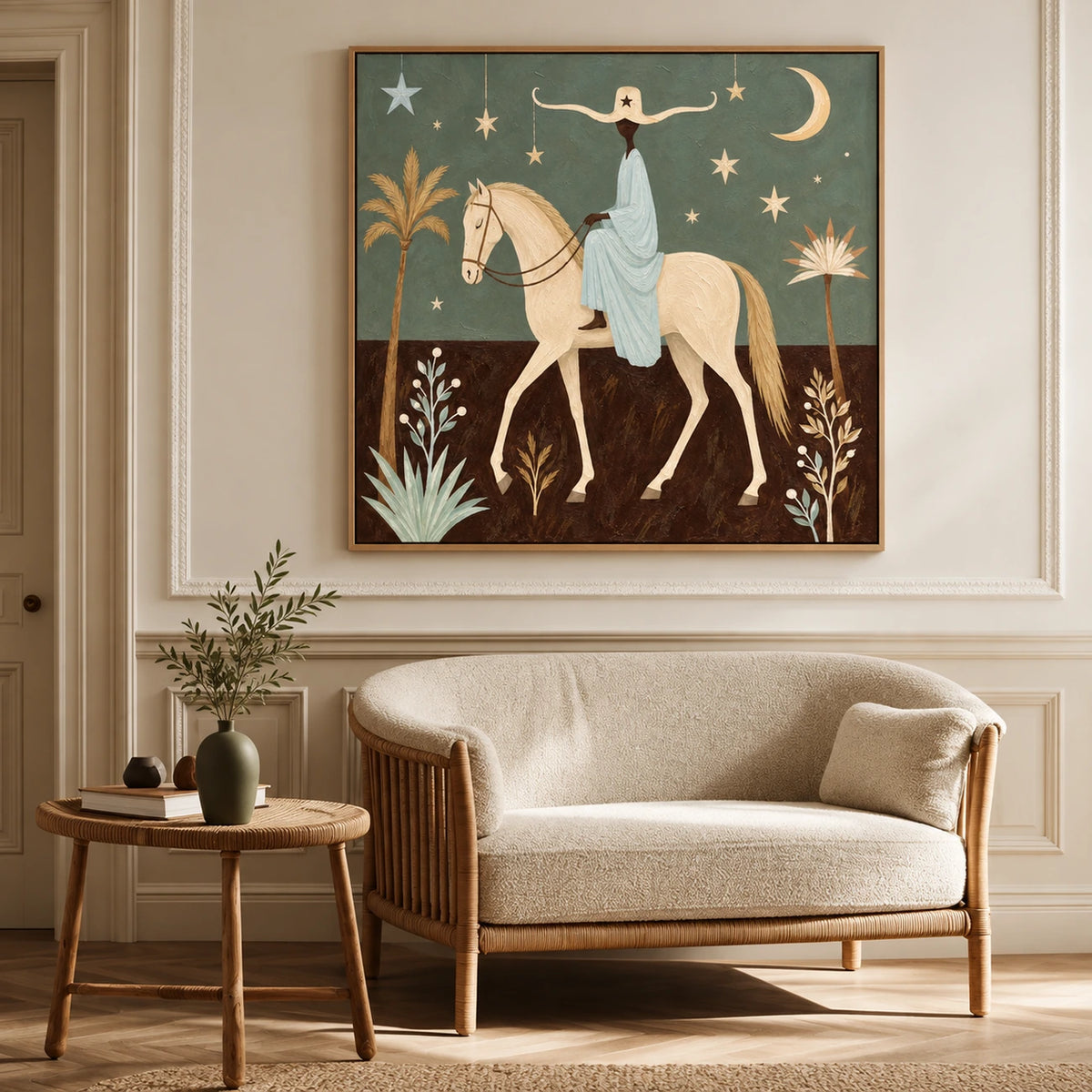 Lunar Passage artwork displayed above a small upholstered sofa.