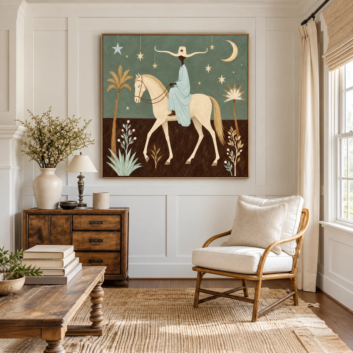 Lunar Passage artwork displayed above wall paneling beside a lounge chair.