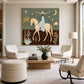 Lunar Passage artwork displayed above a curved sofa beside windows.