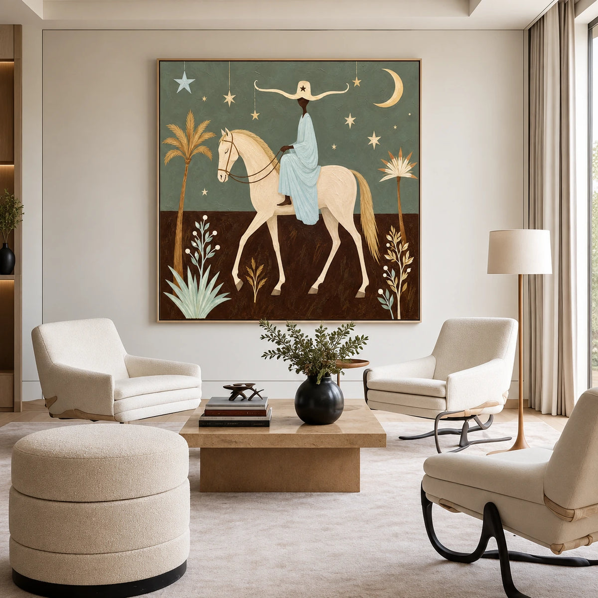 Lunar Passage artwork displayed above a curved sofa beside windows.