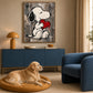 Heartfelt Companion artwork displayed above a blue sideboard with a dog resting nearby.