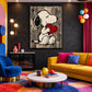 Heartfelt Companion artwork displayed above colorful seating in a playful interior.