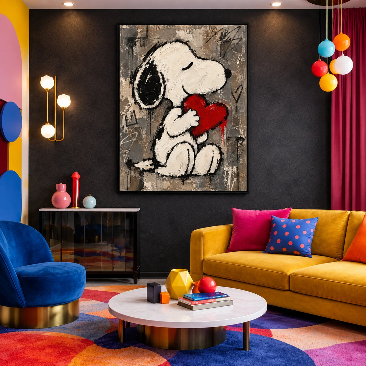 Heartfelt Companion artwork displayed above colorful seating in a playful interior.