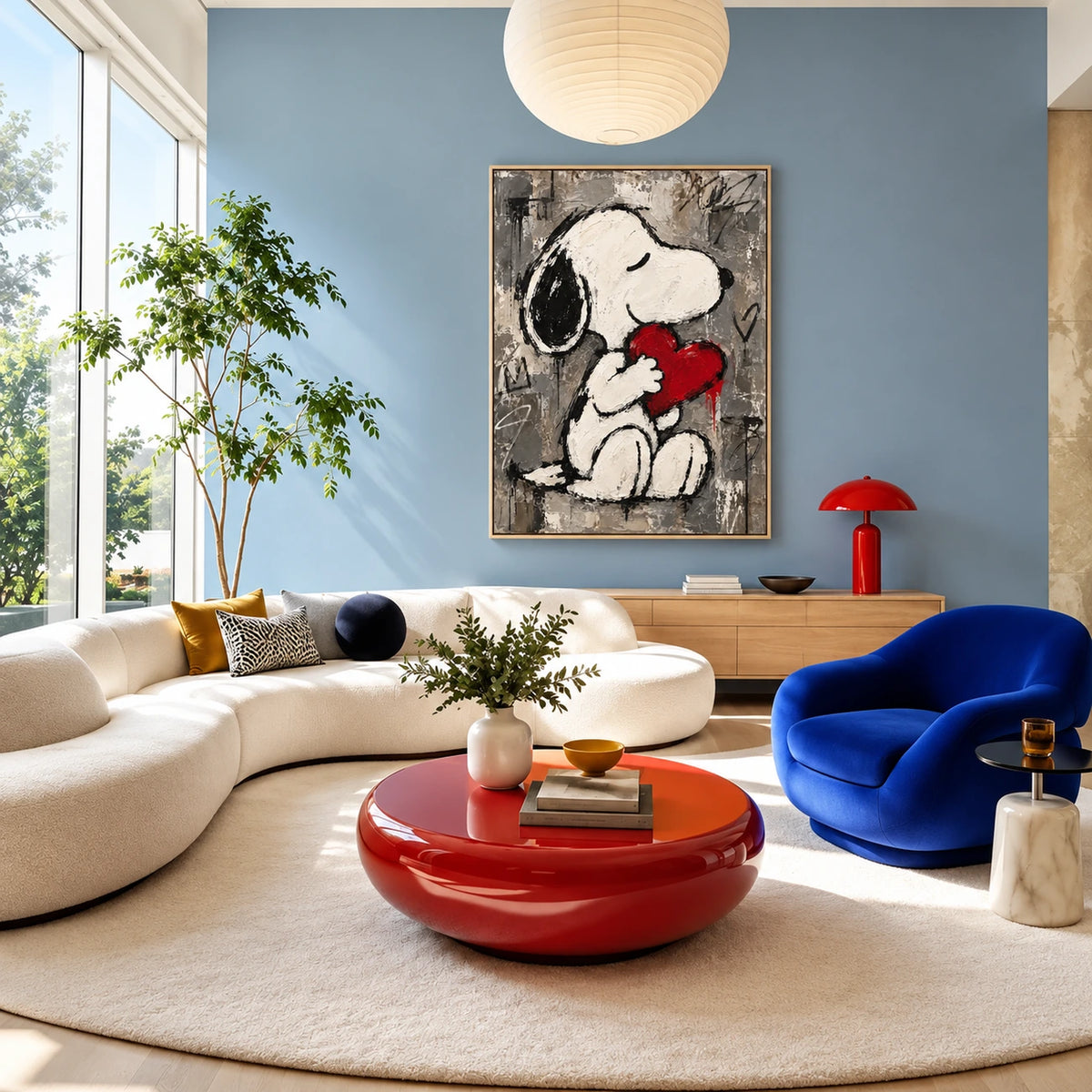 Heartfelt Companion artwork displayed above a pale sofa and red coffee table.