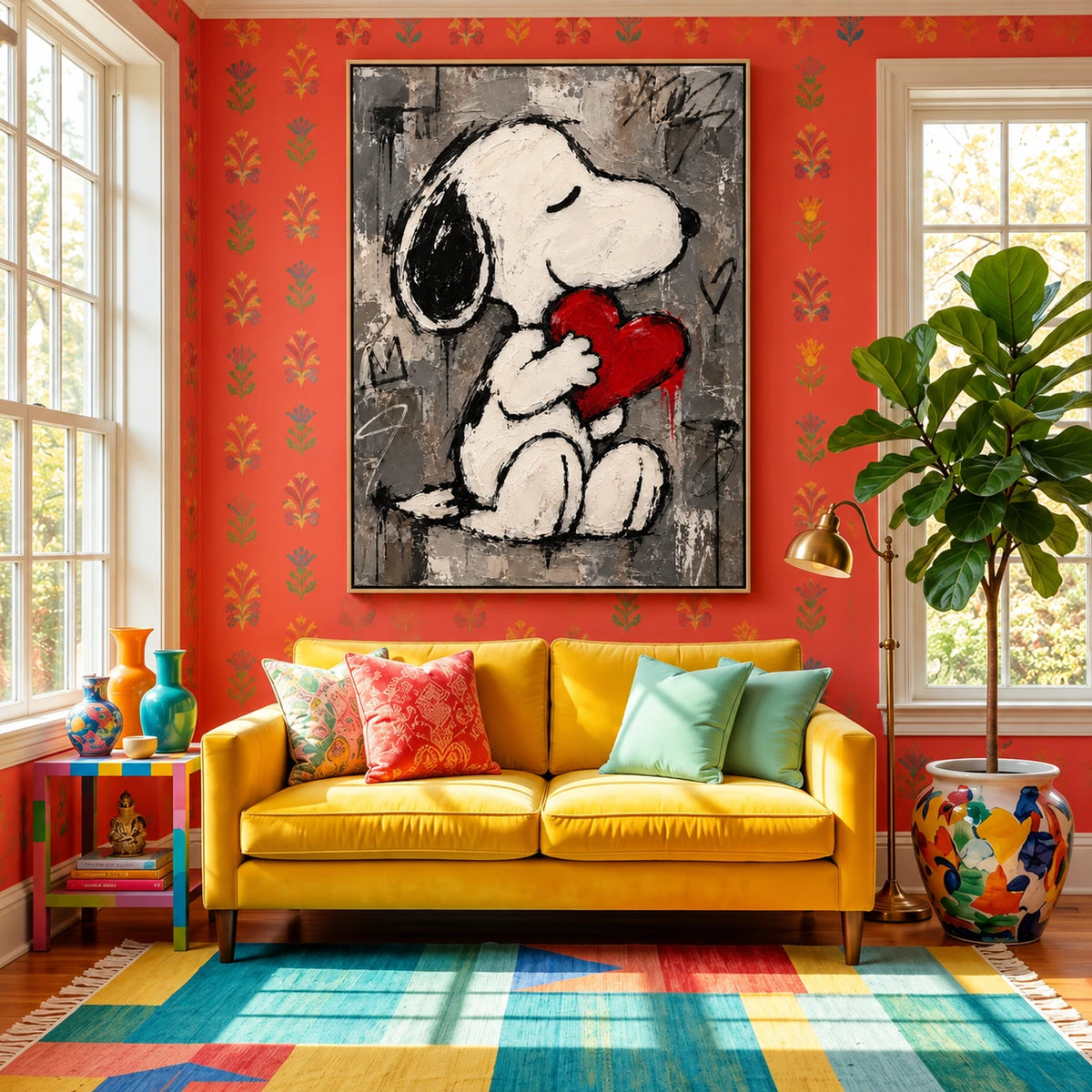 Heartfelt Companion artwork displayed above a yellow sofa in a colorful sitting room.