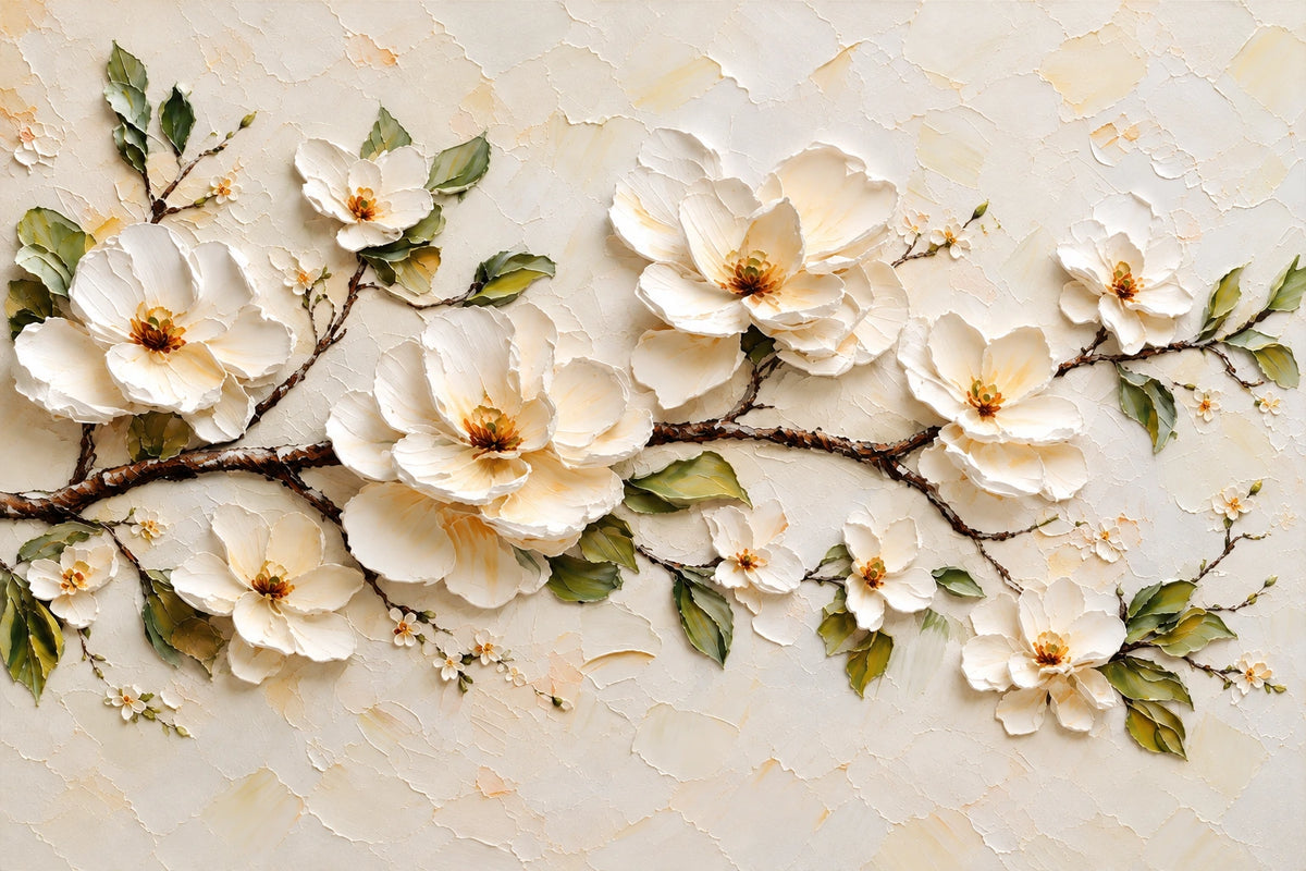 Ivory Branch full artwork. Ivory blossoms open along a dark branching stem against a softly textured cream ground.