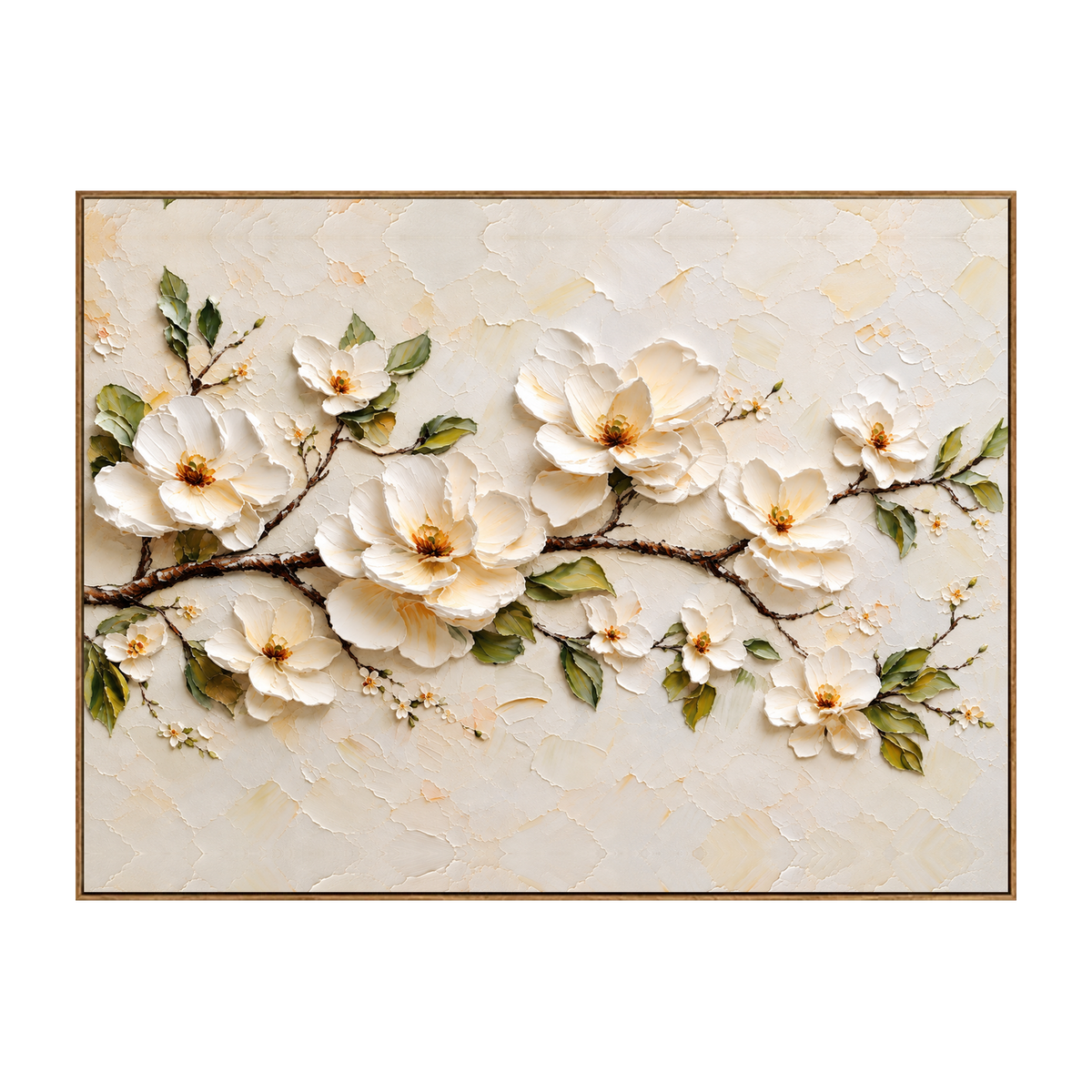 Ivory Branch horizontal artwork in a natural wood frame on a transparent background.