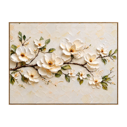 Ivory Branch horizontal artwork in a natural wood frame on a transparent background.