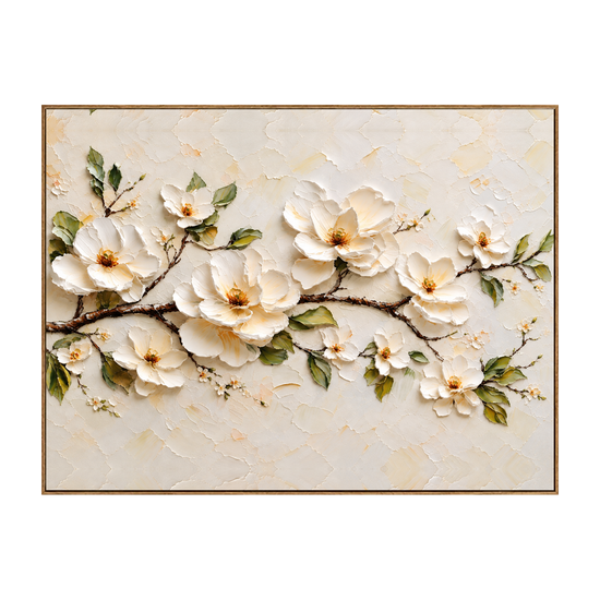 Ivory Branch horizontal artwork in a natural wood frame on a transparent background.