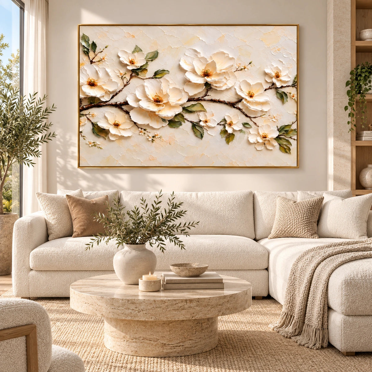 Ivory Branch artwork displayed above a cream sofa and woven coffee table.