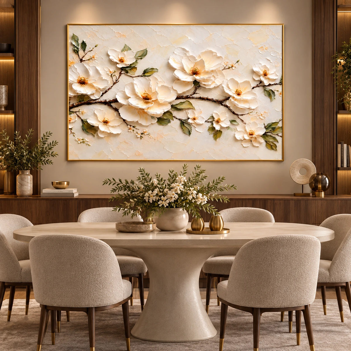 Ivory Branch artwork displayed above a dining table with upholstered chairs.