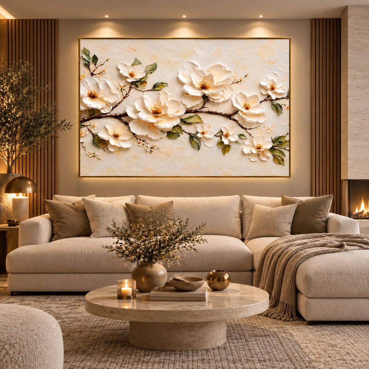 Ivory Branch artwork displayed above a sofa beneath warm ceiling lights.