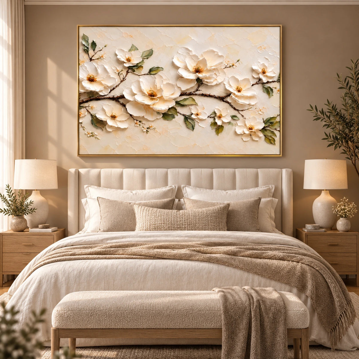 Ivory Branch artwork displayed above a bed with neutral layered bedding.