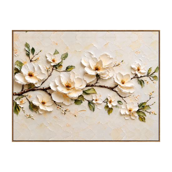 Ivory Branch horizontal artwork in a natural wood frame on a transparent background.