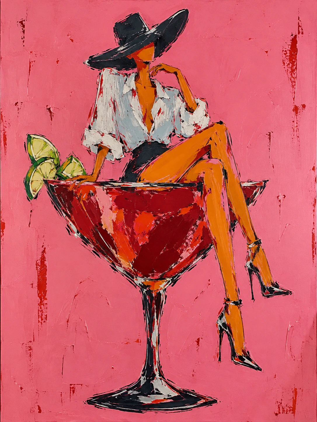 Cocktail Muse full artwork. A long-legged figure in a black hat perches on an oversized red cocktail glass against a vivid pink ground.