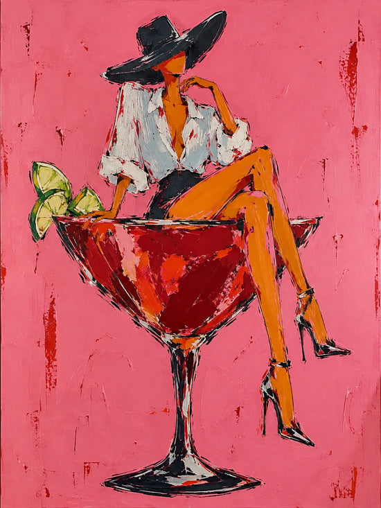 Cocktail Muse full artwork. A long-legged figure in a black hat perches on an oversized red cocktail glass against a vivid pink ground.