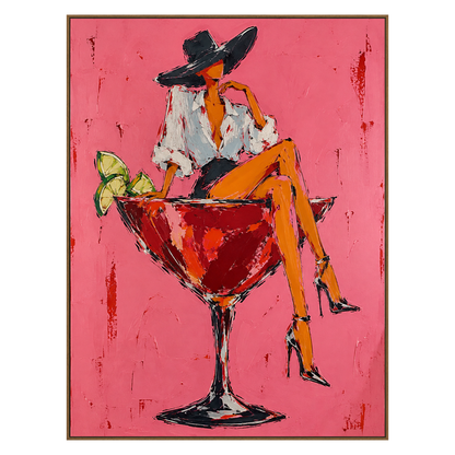 Cocktail Muse vertical artwork in a natural wood frame on a transparent background.