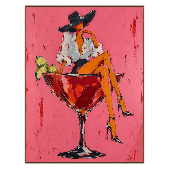 Cocktail Muse vertical artwork in a natural wood frame on a transparent background.