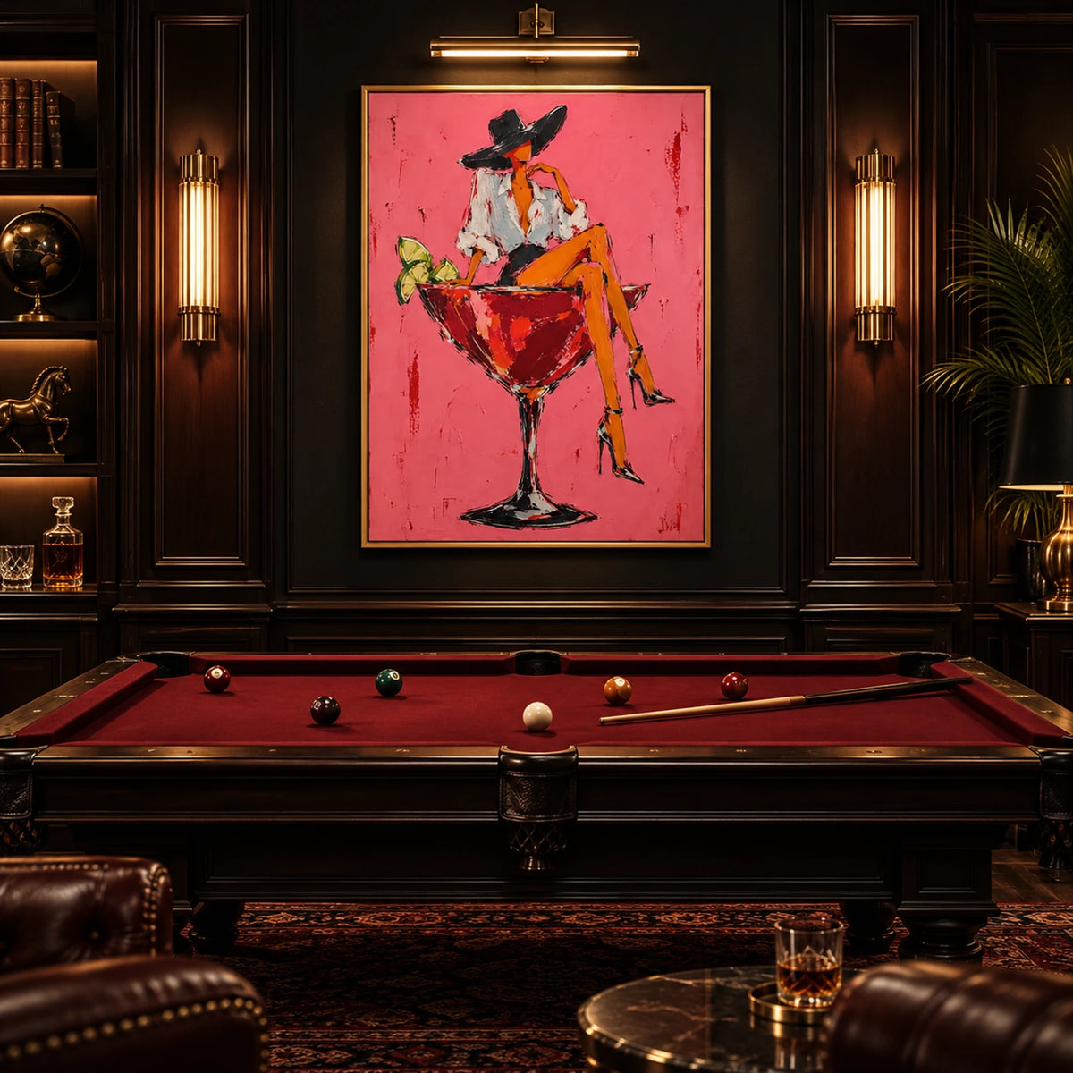 Cocktail Muse artwork displayed above a billiard table in a dark lounge.