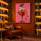 Cocktail Muse artwork displayed beside bookshelves and a leather lounge chair.
