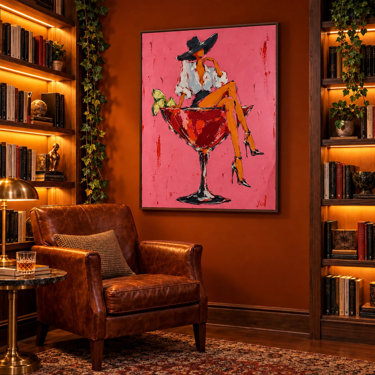 Cocktail Muse artwork displayed beside bookshelves and a leather lounge chair.