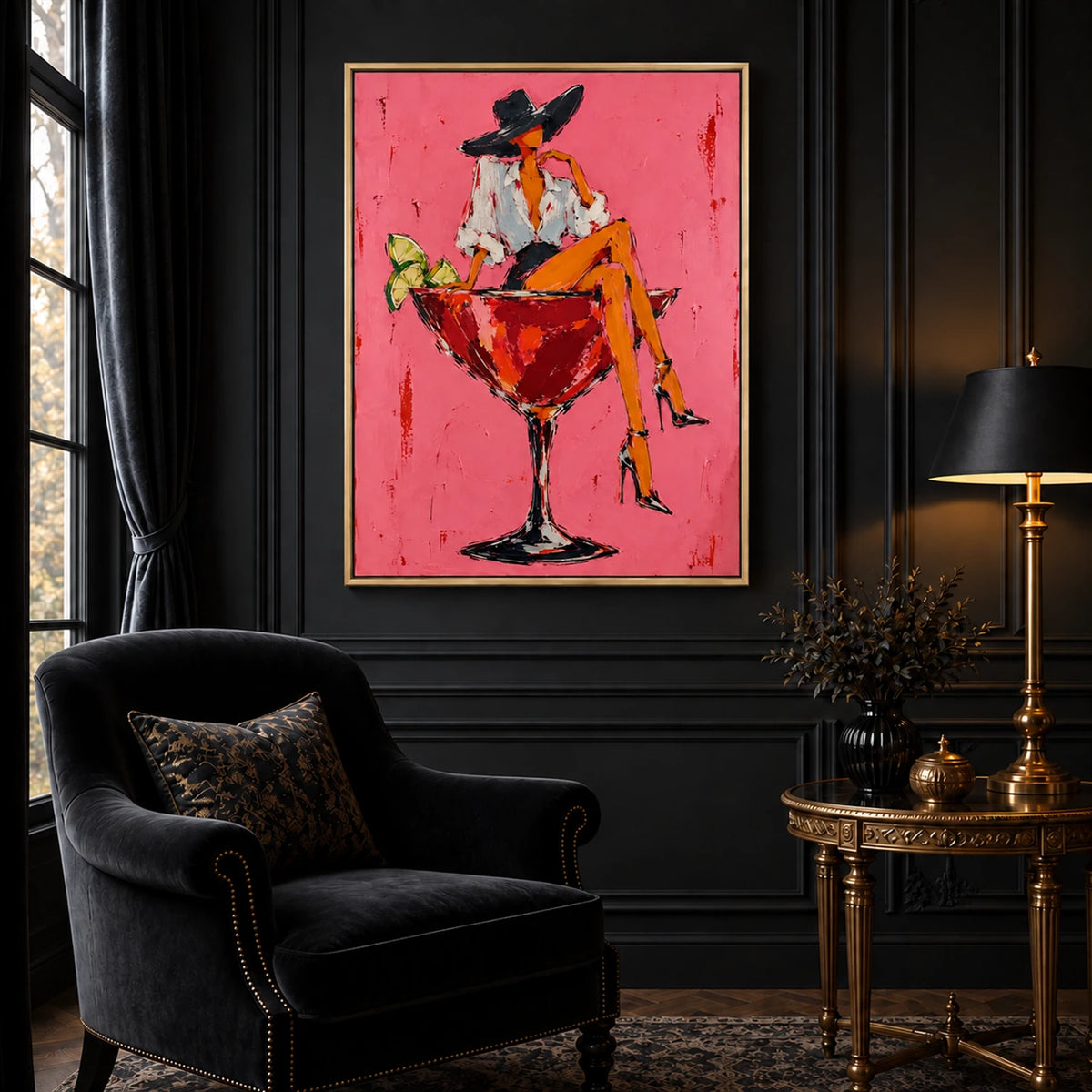 Cocktail Muse artwork displayed on a dark paneled wall beside an armchair.