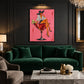 Cocktail Muse artwork displayed above a deep green sofa.