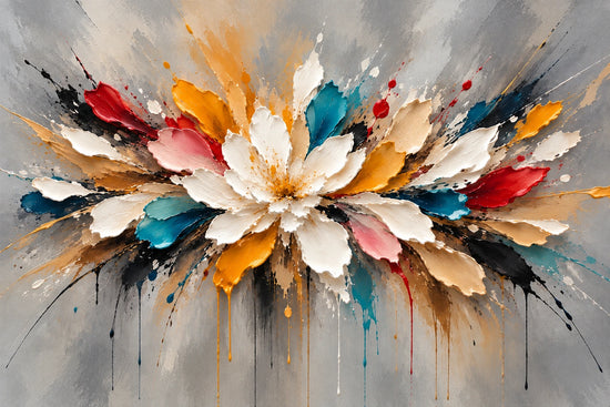 Chromatic Petals full artwork. Layers of ivory, gold, red and teal petals radiate across a textured gray ground.