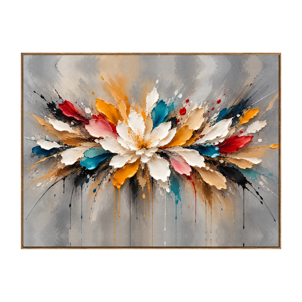 Chromatic Petals horizontal artwork in a natural wood frame on a transparent background.