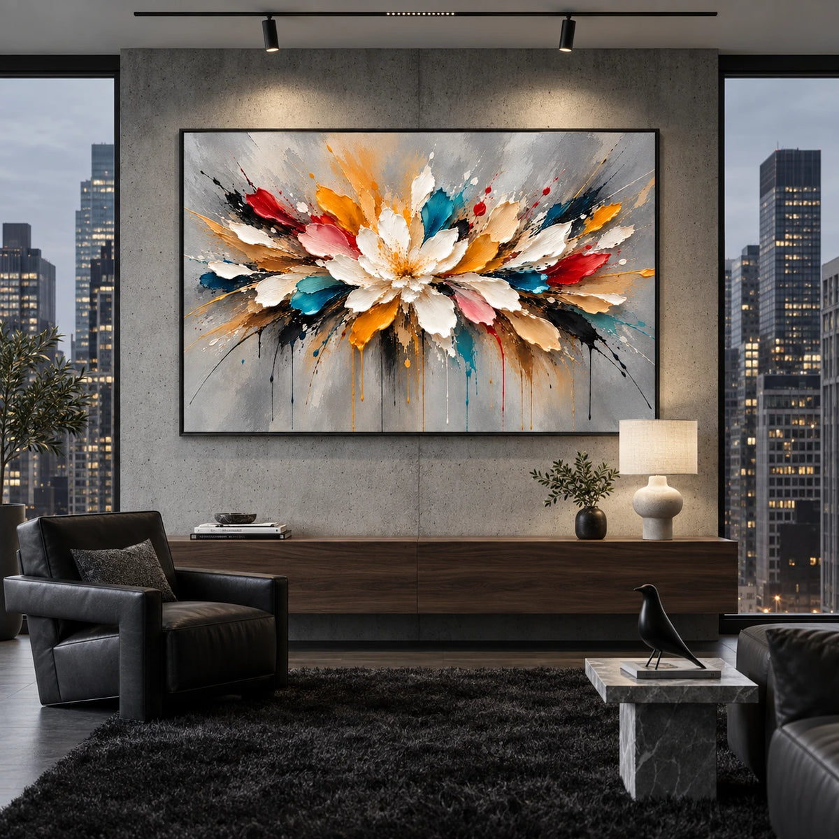 Chromatic Petals artwork displayed above a dark sofa beside city windows.